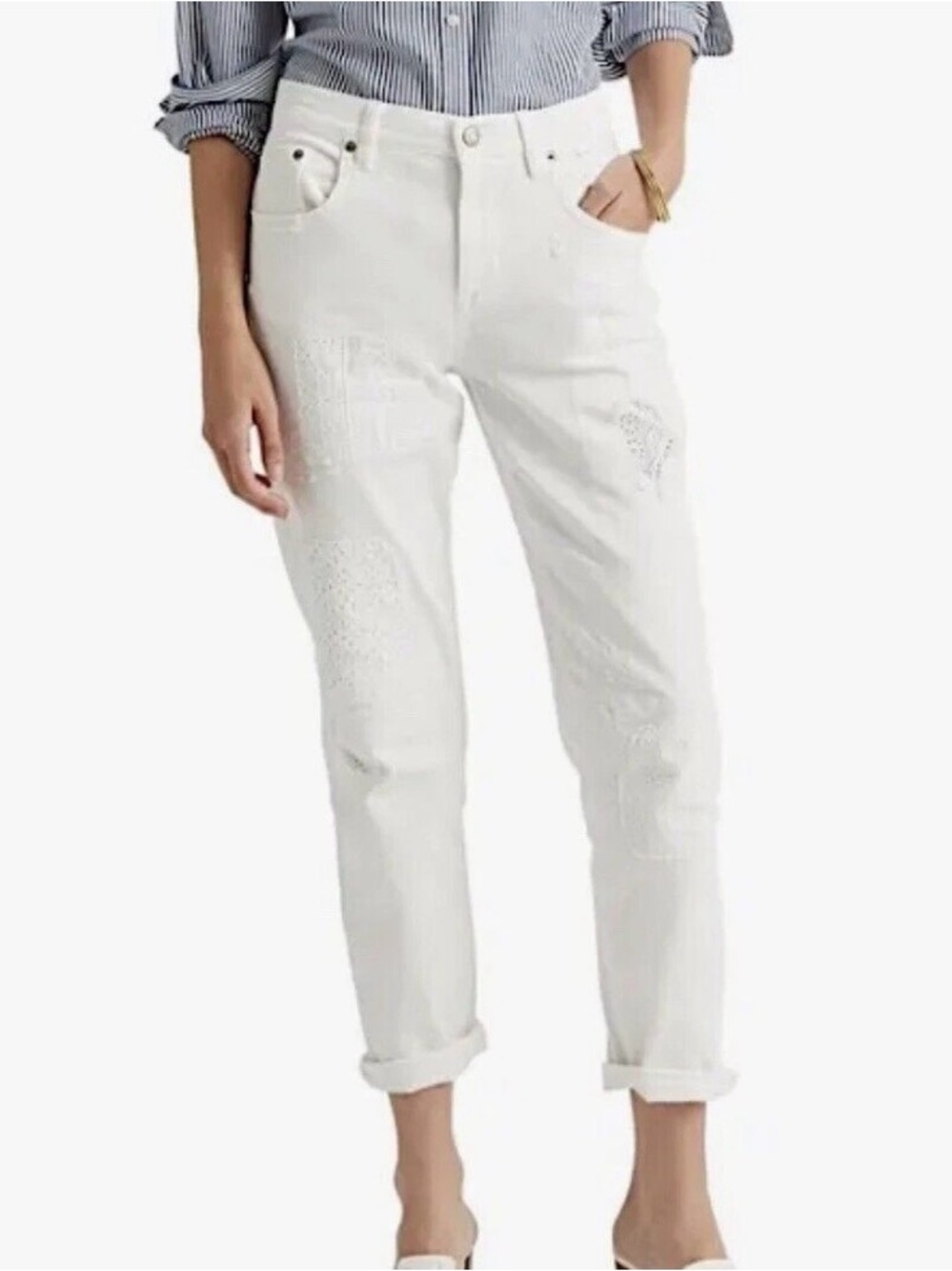 Lauren Ralph Lauren White Eyelet Patchwork Distressed Tapered Jeans - Size 14
